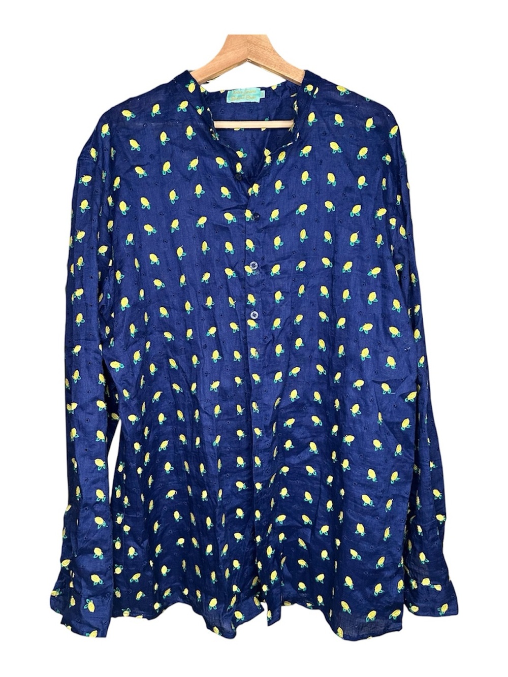 Deep blue Button-Up Shirt with Yellow Lemon Print Eylet Embroidery